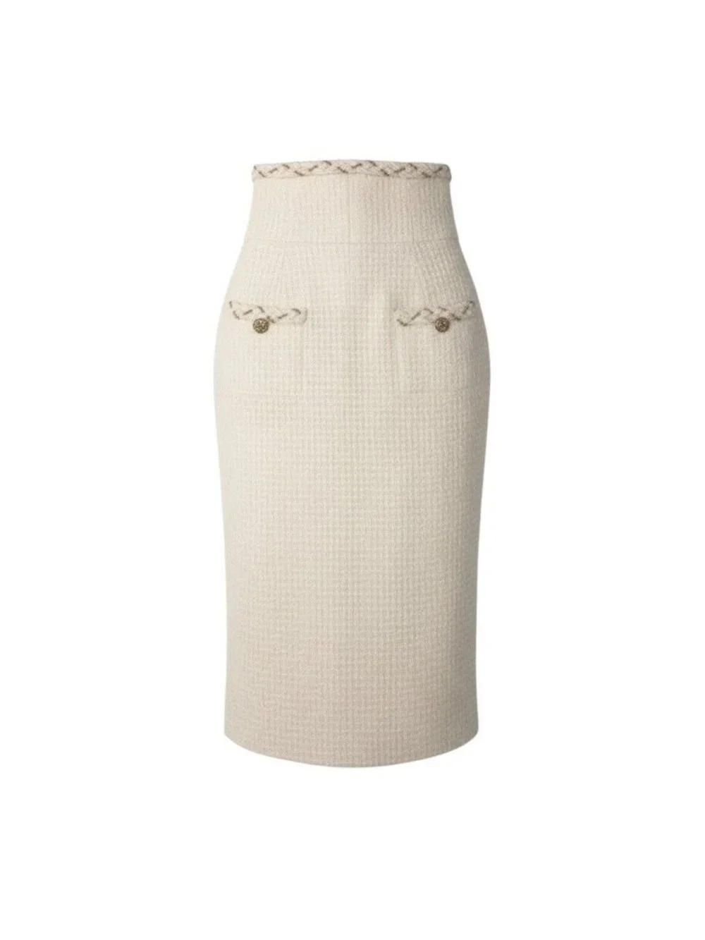 Chanel 07A CC Button High Waisted Tweed Skirt CC Ivory